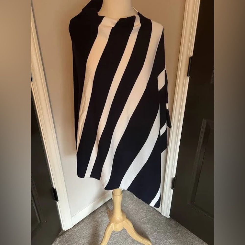 Chico’s asymmetrical nautical navy and white stripe poncho, 27” long in back